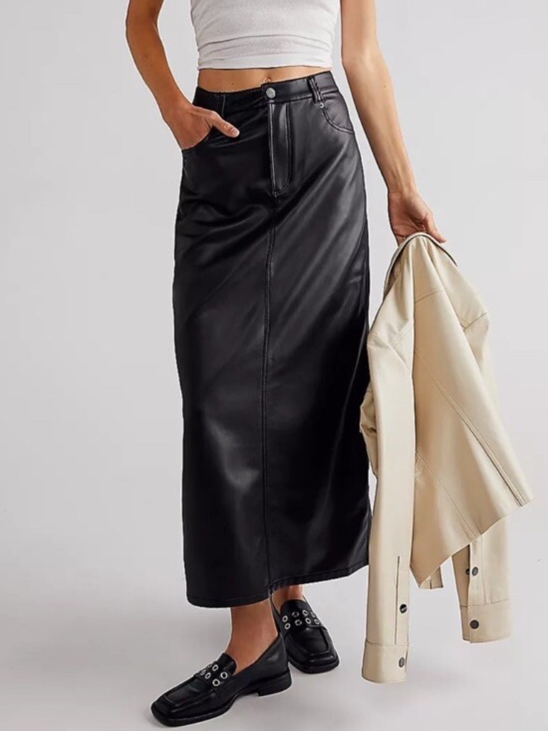 Free People City Slicker Vegan Leather Maxi Skirt Black High Rise A-Line Slit